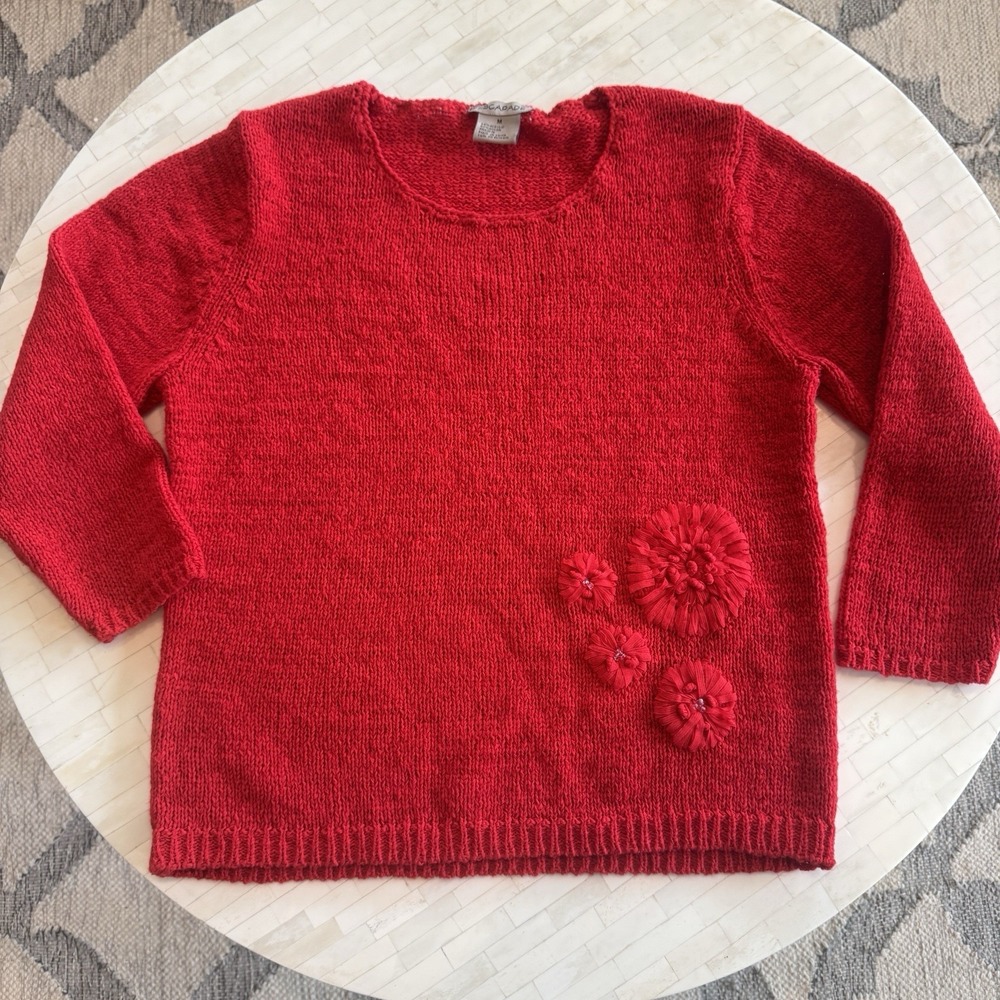 Vintage‎ Escapade Womens Open Knit Sweater Size M Solid Red Flowers Cottagecore